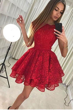 Cute Red Lace A Line Short Homecoming Dress,Cocktail Dresses DMB11