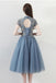 Blue A Line Tulle Short Sleeves High Neck Appliques Homecoming Dresses DMC5