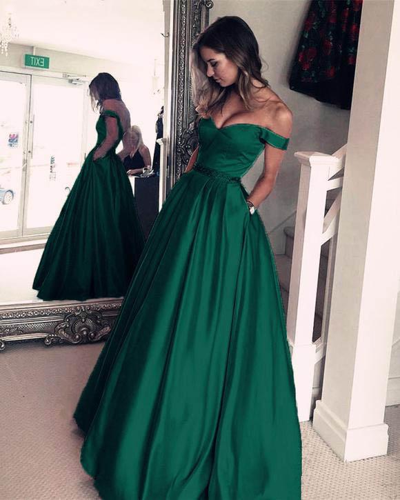 A Line Off The Shoulder Simple Green Long Cheap Prom Dresses With Pockets DMH21