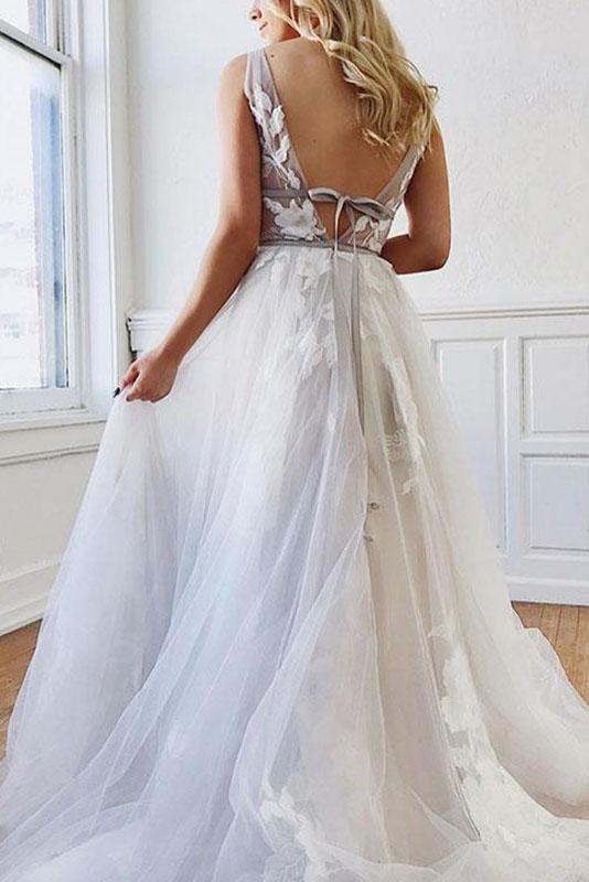 A Line Deep V-Neck Backless White Tulle Prom Dress With Appliques DMQ63