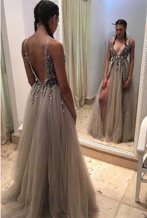 Backless Rhinestone tulle Deep V-neck Sexy prom dress online, Long Split Prom Dress DM157