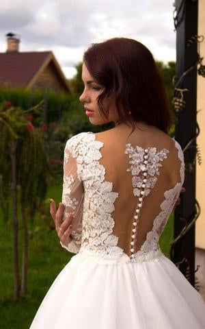 Princess A-Line V-Neck Tulle Ivory Long Sleeves Ball Gown Wedding Dresses DM778
