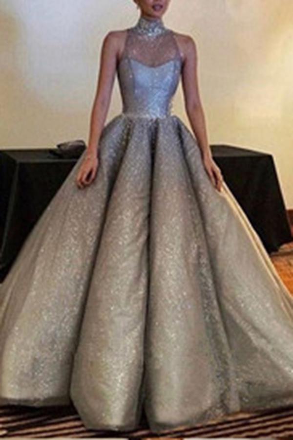 Sparkle High Neck Long Prom Dresses,Gorgeous Ball Gown DME53