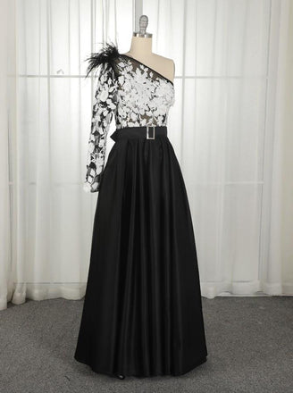 A-Line One-Shoulder Black Long Lace Appliqued Split Prom Dress with Pockets DMJ11