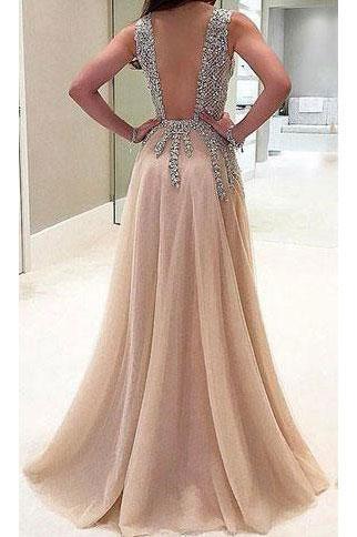 A-line V-neck Tulle Sexy Shinny Rhinestone Long Prom Dress With Slit DMA89