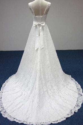 Elegant Bateau A-Line White Lace Long Sleeveless Wedding Dress DM689