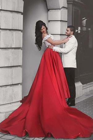 White Lace Crop Top Red Satin Two Piece A Line Prom Dresses DM817