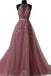 Halter Dusty Red Lace Appliques Tulle A line Long Prom Dresses DMA86