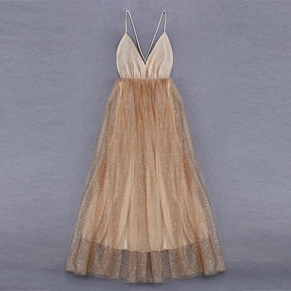 Charming A Line V Neck Spaghetti Straps Sequin Long Prom Dress DME44