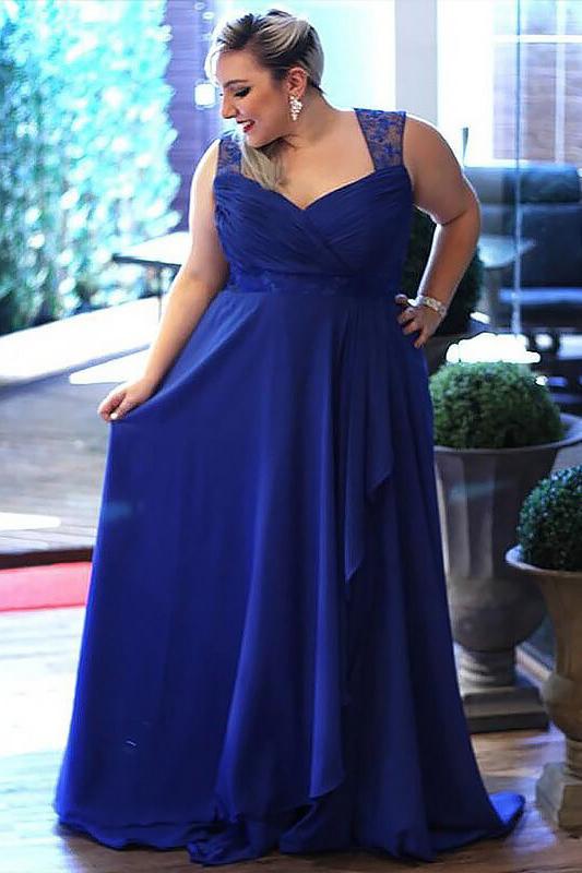 Royal Blue Chiffon A Line Sleeveless Long Plus Size Prom Dress Lace Demodresses