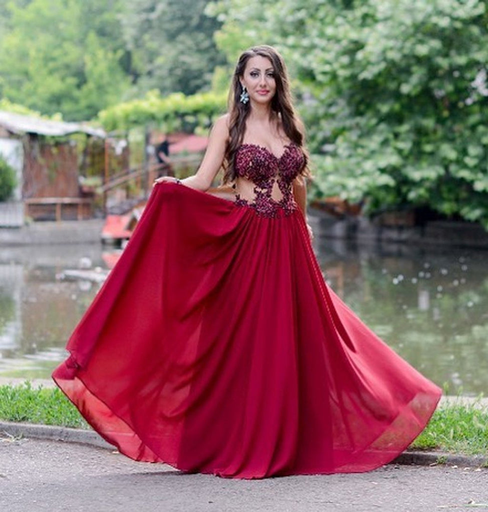 Appliques Beading Strapless Red A Line Chiffon See-through Fashion Prom Dress DM672