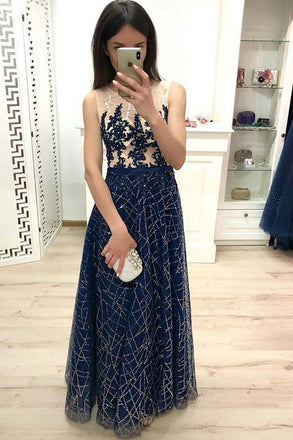 A Line Dark Blue Long Prom Dresses, Sequins Sleeveless Evening Dress DMJ19