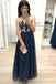 A Line Dark Blue Long Prom Dresses, Sequins Sleeveless Evening Dress DMJ19