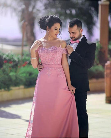 Applique Long Off the Shoulder Evening Formal Dresses,Satin A line Party Dresses DMF34