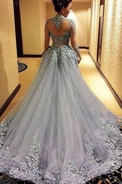 Ball Gown Princess Long Sleeves Tulle Gray Long Formal Prom Dress Demodresses Ball Gown Princess Long Sleeves Tulle Gray Long Formal Prom Dress Demodresses