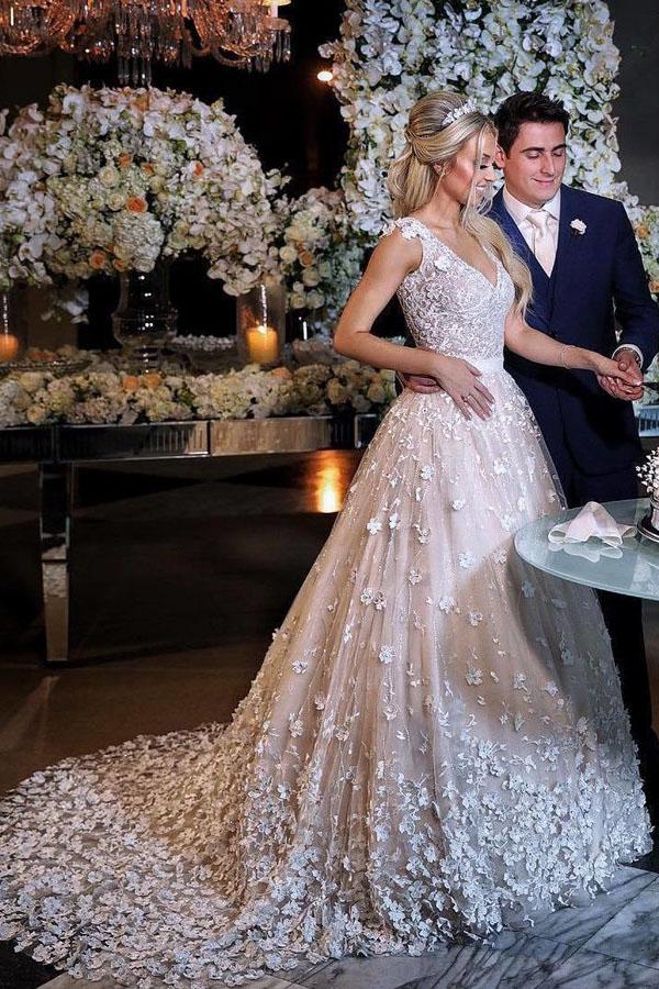 Elegant A-Line V-Neck Sweep Train Ivory Wedding Dress with Appliques DMM26
