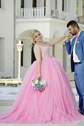 Pink Tulle Sweetheart Beading Sleeveless Ball Gown Long Plus Size Prom Dress DM665