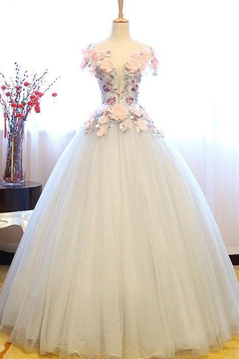 White Princess Deep V Neck Flower Cap Sleeve Long Ball Gown Prom Dress Demodresses White Princess Deep V Neck Flower Cap Sleeve Long Ball Gown Prom Dress Demodresses