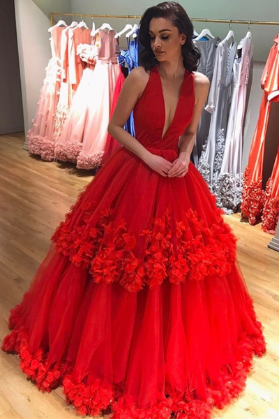 Charming Deep V Neckline Layered Tulle Red Prom Dresses Ball Gowns 