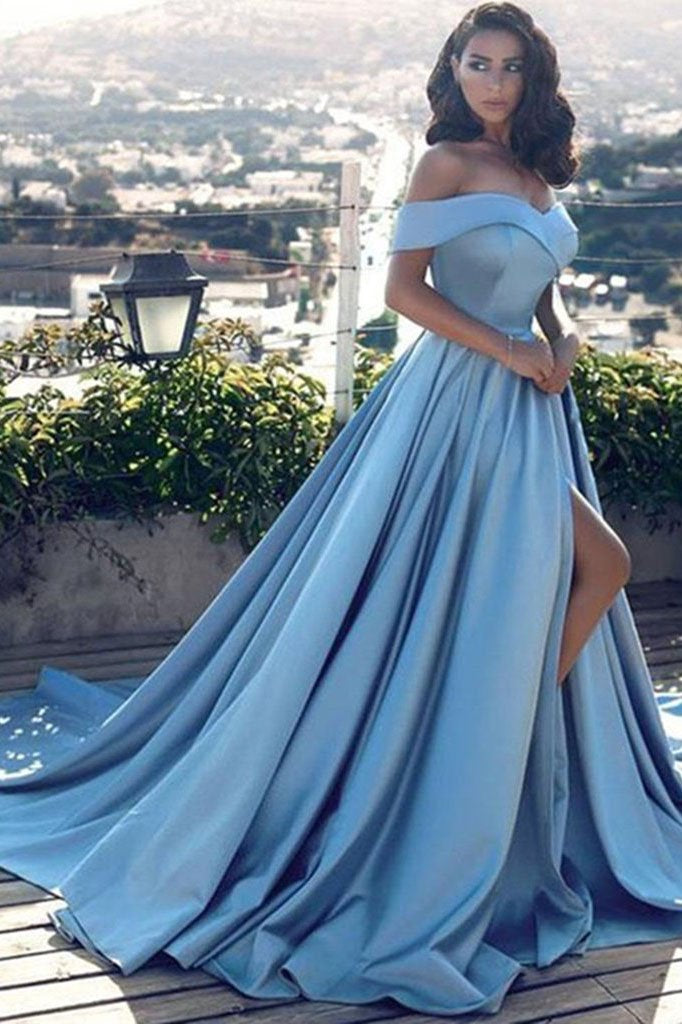 Off Shoulder Blue Prom Gown with Slit, Long Formal Evening Dress with Sweep Train DMD95
