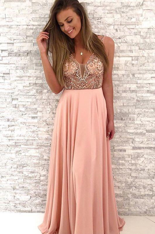 Gorgeous Beaded V-Neck A Line Blush Pink Chiffon Long Prom Dress DMB19