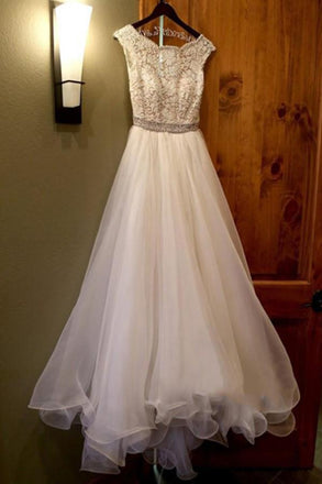 White Bateau Neck A-line Beading Organza Long Wedding Dress DM552