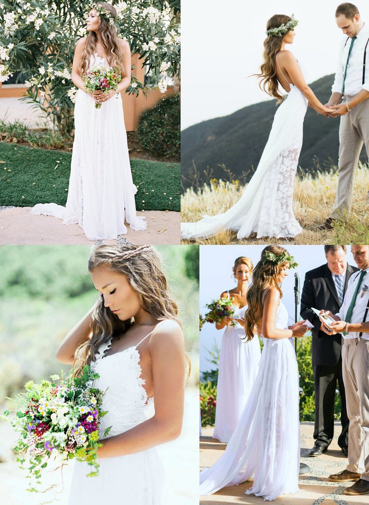 Simple A Line Long Chiffon Backless Lace Beach Wedding Dresses,Bridal Gown DMG78