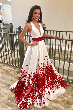 Charming Red Beaded Floral A Line Long Prom Dresses with Deep V-Neck DMA85