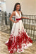 Charming Red Beaded Floral A Line Long Prom Dresses with Deep V-Neck DMA85