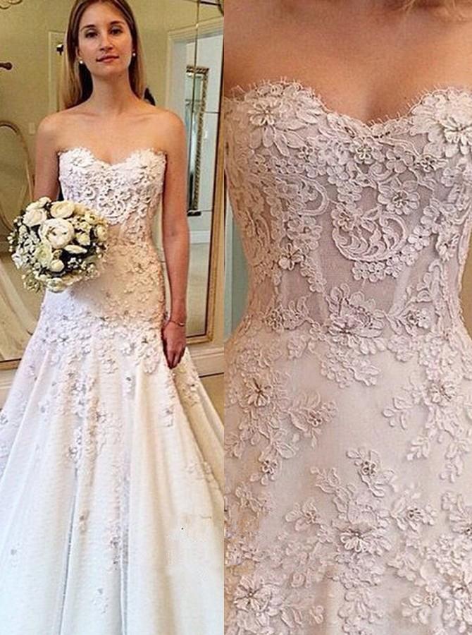 Charming Sweetheart Sweep Train A Line Long Wedding Dress with Lace Appliques DMB10