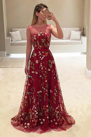 A-Line Bateau Burgundy Floral Lace Long Prom Dresses DMH4