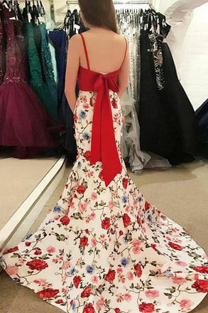 Mermaid Spaghetti Straps Floral Print Red Top Prom Dresses DMI84