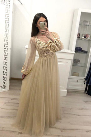 Stunning A Line Long Sleeve Tulle Appliques Prom Dresses DMH59