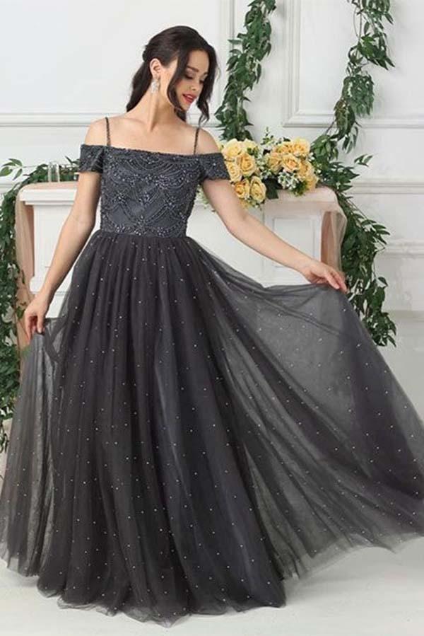Grey Tulle A Line Beads Long Prom Dress,Evening Dresses DME88