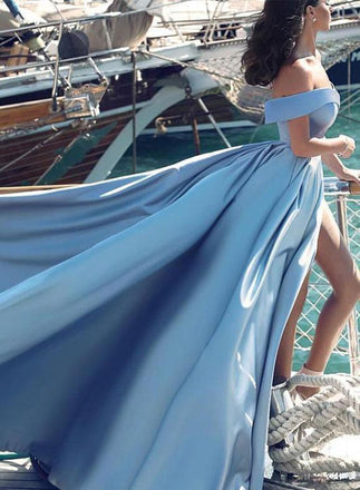 Off Shoulder Blue Prom Gown with Slit, Long Formal Evening Dress with Sweep Train DMD95