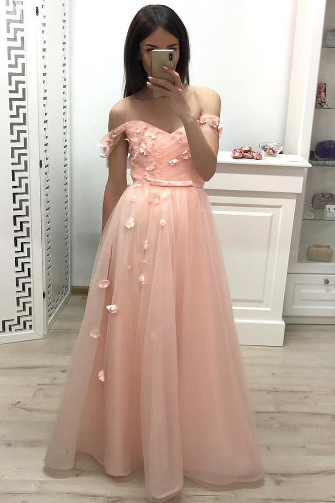 A Line Off the Shoulder Long Prom Dresses, Pleats Prom Gown With Flowers DMJ20