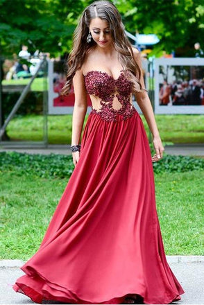 Appliques Beading Strapless Red A Line Chiffon See-through Fashion Prom Dress DM672
