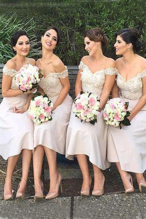 Modern Bridesmaid Dress,Ivory Bridesmaid Dresses,Off the Shoulder Bridesmaid Dress,Tea-length Bridesmaid Dresses