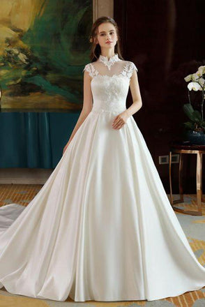 Ivory High Neck Ball Gown Lace Applique Cheap Wedding Dresses DM801