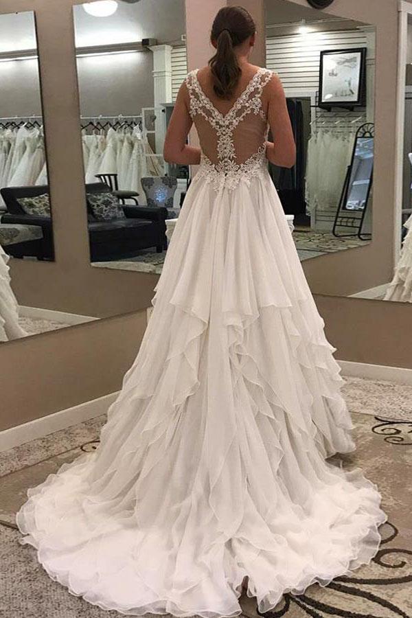 Cheap A-Line V-Neck Chiffon Ivory Wedding Dress with Lace DMF93
