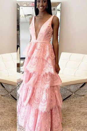 A-Line Prom Dress,Deep V-Neck Prom Dresses,Backless Prom Dresses,Pink Prom Dress,Lace Prom Gowns,Layers Prom Dress