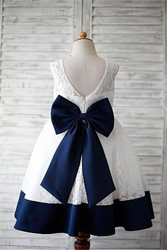 A-line Scoop Sleeveless Bowknot Lace Flower Girl Dress With Navy Sash Demodresses A-line Scoop Sleeveless Bowknot Lace Flower Girl Dress With Navy Sash Demodresses