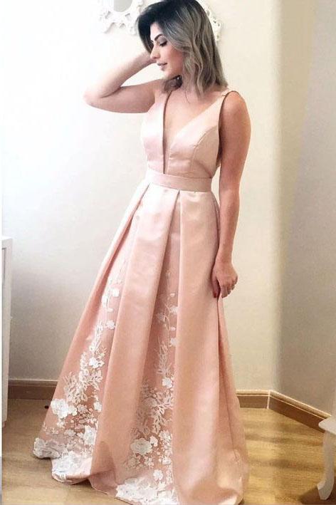 Elegant A Line Deep V Neck Long Satin Formal Evening Prom Dress With Lace DMG2