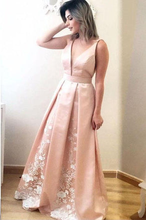 Elegant A Line Deep V Neck Long Satin Formal Evening Prom Dress With Lace DMG2