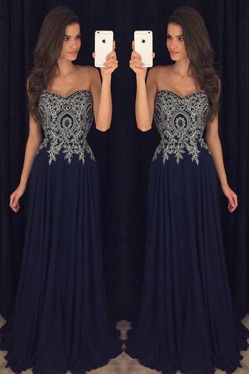 Sweetheart Prom Dresses,Navy Blue Prom Dresses,Chiffon Prom Dress,Long Prom Gown
