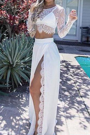 Lace Two Pieces White Slit Prom Dresses,Fashion Sexy Long Evening Party Dress  DM154
