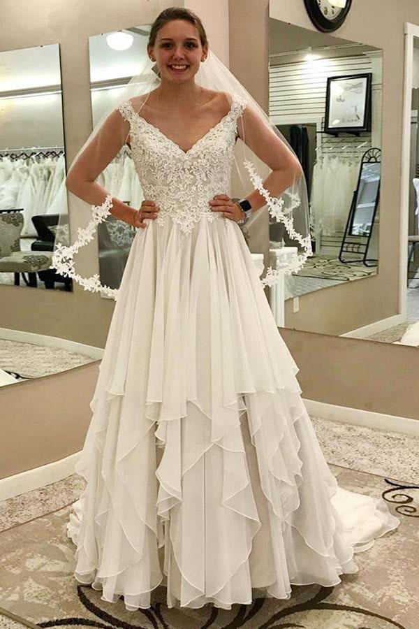 Cheap A-Line V-Neck Chiffon Ivory Wedding Dress with Lace DMF93