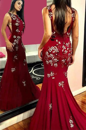 Elegant Burgundy Mermaid Backless Prom Dresses With Appliques DMH22