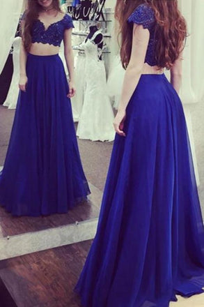 Charming Royal Blue Two Pieces Short Sleeves Lace Top Long Prom Dress DME63