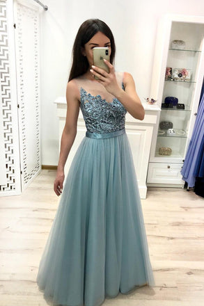 A Line Tulle Floor Length Prom Dresses Beaded Long Evening Dress DMJ22